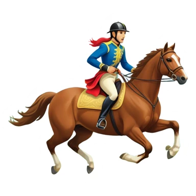 An icon showcasing a majestic horse and rider in full gallop across a lush green field. The background features a clear sky, distant mountains, and a vibrant landscape. The rider wears traditional gear, while the horse leaps with grace and power.  sticker