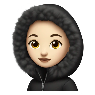 White skinned girl wearing a black puff coat with a black fur hood sticker