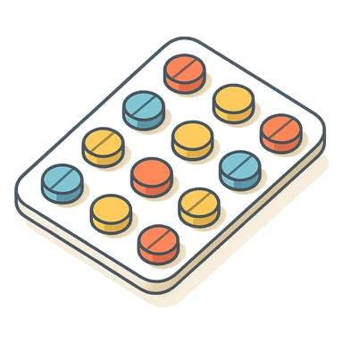 blister pack with multicolored pills, 2D isometric style, soft rounded shapes, clean contours, pastel palette, detailed shadows and highlights, modern illustration sticker