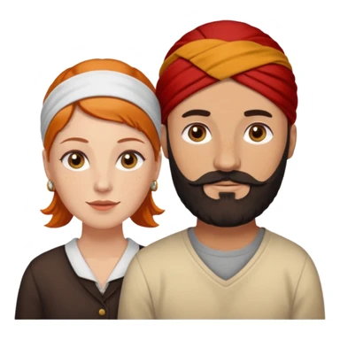 Couple. Bald man with dark brown-black beard. White woman with many small, faded freckles, she has white skin and she has auburn-yellow-brown-cinnamon, dark hair. She has light orange-brown eyes. The man have hazel eyes. Retro style. sticker