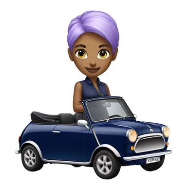 navy blue convertible Mini Cooper, with short, lilac colored haired woman driving sticker