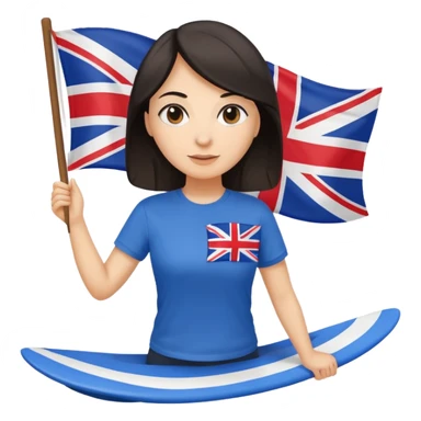 Woman teacher with dark hair in T-shirt with the UK flag surfing  sticker