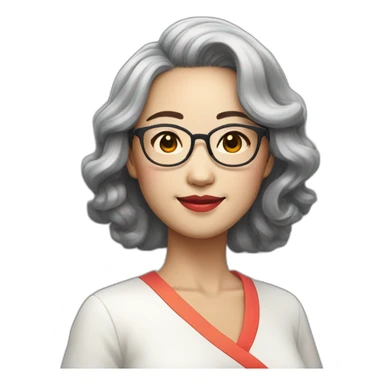 Chinese lady with like Lai gray hair wavy hair to the shoulder length where Chinese dress colourful dress wear glasses sticker