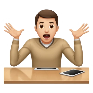 man sitting at a table, shouting, hands on the table, leaning forward, working, energetic sticker