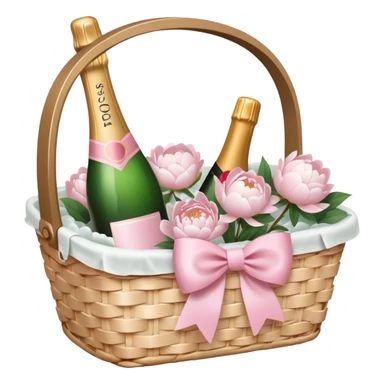 White Picnic basket with light pink bow and white peonies and one pink champage bottle inside sticker