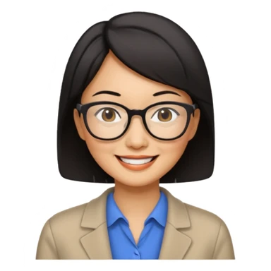 a middle-aged Asian woman with short hair wearing glasses and an impression sticker