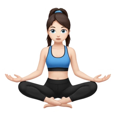 Девушка со светлой кожей и румянцем. Глаза большие, выразительные, голубые. Волосы длинные, прямые, тёмно-каштановые. собраны в хвост. На ней чёрные леггинсы и чёрный спортивный бюстгальтер. Занимается йогой стоя  sticker