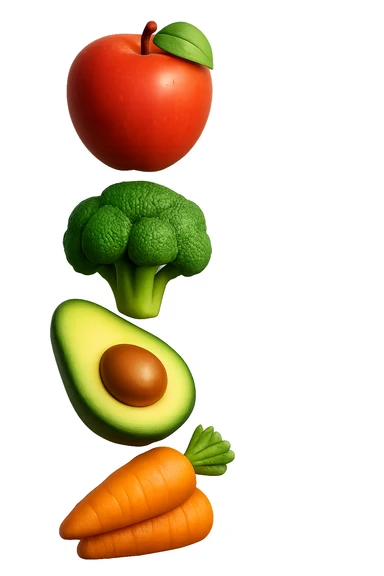 emoji stile iphone in 3d di cibo sano che fluttua in aria vericalmente, iperrealistico 4k sticker