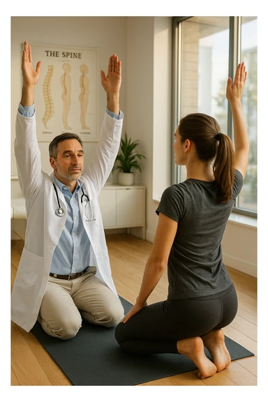 A realistic, cinematic illustration of a professional doctor in a white coat inside a bright, modern medical office, demonstrating a simple stretching exercise to a patient for improving posture. The doctor, calm and encouraging, shows a gentle spinal extension stretch while explaining its benefits for posture and spinal health, with an anatomical poster of the spine and posture alignment in the background. The scene includes a yoga mat, clean wooden floors, and natural light streaming through large windows, creating a warm, health-focused atmosphere. The patient, in comfortable activewear, watches and mirrors the stretch, emphasizing the preventive and therapeutic role of stretching for posture correction under medical guidanc sticker