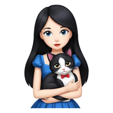 A beautiful girl with long black hair wearing a dress hugs a tuxedo cat sticker