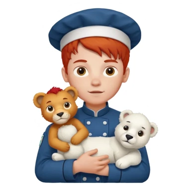 boy kid italian chef, red haired, uniform, holding plush polar lion sticker