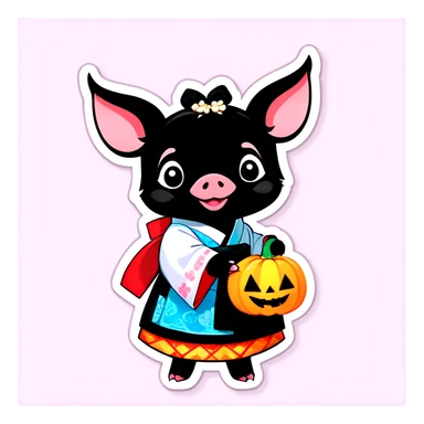 A black piglet wearing hanbok and holding a pumpkin with “luck” written on it. sticker