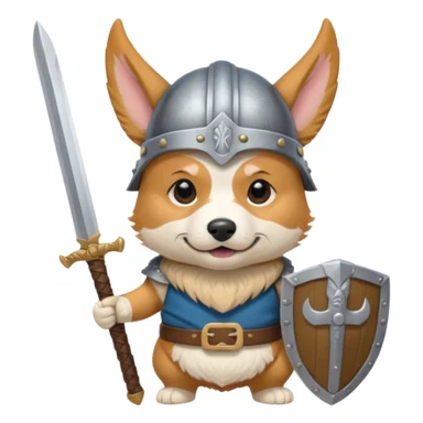 corgi with viking helmet and sword behind sticker