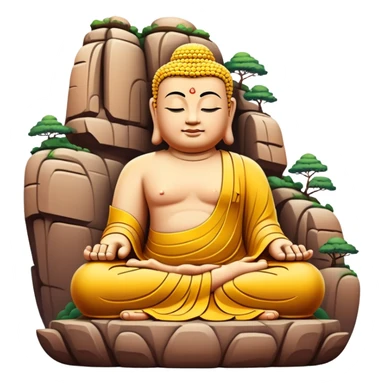 Leshan Giant Buddha massive stone statue, simplified emoji style with bold outlines and bright colors, cartoon style sitting Buddha carved in cliff sticker