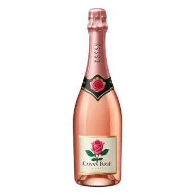 bottle of sparkling rosé champagne with a rose logo on the label, tilted up and to the right, no glass sticker