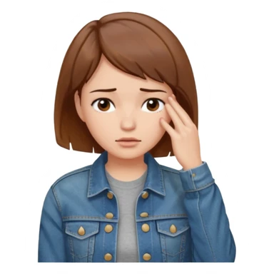 a woman with a brown short hair, looking at the left, facepalming, wearing a denim jacket, only upper body, high quality sticker