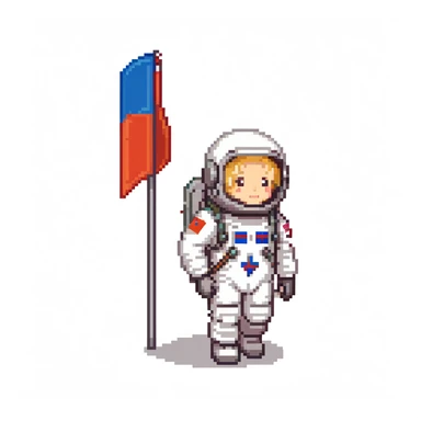 Cosmonaut walking on a planet surface, wearing a spacesuit with Russian flag, light hair and light skin visible through helmet sticker