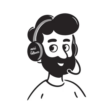A person with black hair, brown eyes, black beard wearing a gaming headset "merci Followers" sticker