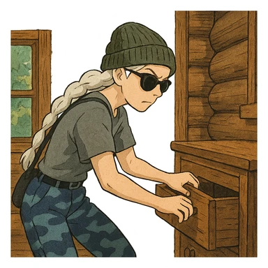 1 female, long white braid, knit cap, dark sunglasses, GRAY T-SHIRT, blue camo pants, LOOTING A CABIN, OPENING A DRAWER sticker