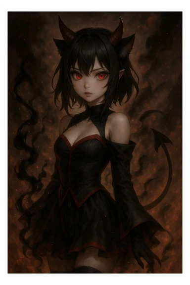 realistic anime catgirl with devil horns, red eyes, black and red outfit, spaded tail, dark magical effects, dramatic background sticker