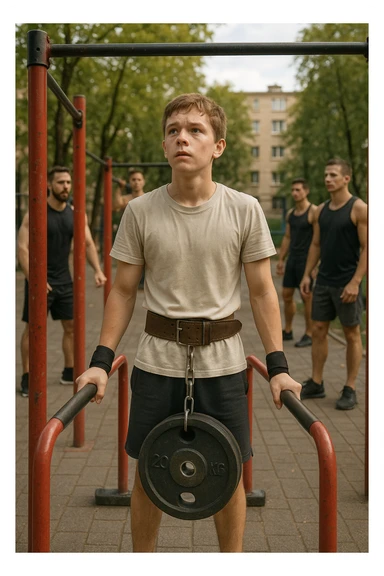 Giovane atleta neofita, fisico normale e non ancora sviluppato, si allena per la prima volta in uno spazio urbano per streetlifting: sbarra per trazioni, parallele, e pesi appesi alla cintura. L’ambiente è un parco cittadino o un’area outdoor sportiva, con luce naturale. L’atleta guarda la sbarra con determinazione e un po’ di insicurezza, ma con forte motivazione. Intorno, altri atleti più esperti. Stile realistico, atmosfera motivazionale, toni energici ma credibili, senso di inizio di un percorso sticker