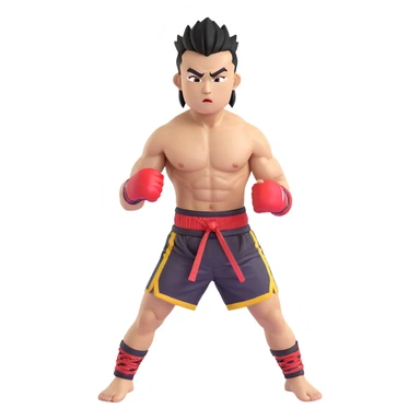 Rodtang Jitmuangnon with mohawk, intense expression, muscular build, in fighting stance, wearing mongkhon headband and Muay Thai shorts sticker