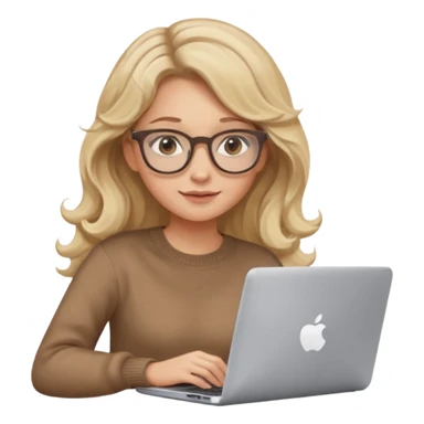 upper body view: blonde girl with dark blonde wavy hair, wearing pantos-style glasses and a brown sweater, sitting with a laptop, flat vector design, soft pastel colors, white background, Apple emoji style, upper body shot sticker