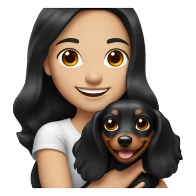White girl with long black hair holding a dachshund and smiling sticker