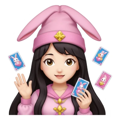 pixel art chibi asian girl with dark long hair in pink bunny ears hat magical girl with kawaii tarot cards thrown in air pixel emoji sticker
