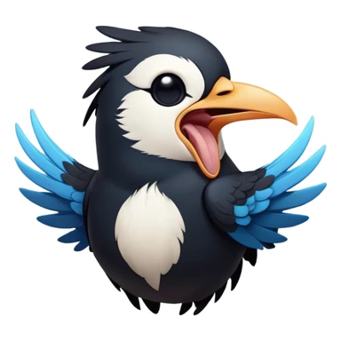 Cinematic Cute Yawning Magpie Portrait Emoji, Head tilted slightly with a dramatic, wide-open yawn, showcasing a sleek, contrasting feathered form with softly drooping wings and sleepy, half-closed eyes, Simplified yet irresistibly adorable features, highly detailed, glowing with a soft, cozy urban glow, high shine, relaxed yet expressive, stylized with a dash of whimsical charm, soft glowing outline, capturing the essence of a drowsy yet affectionate magpie that appears ready to stretch out for a nap! sticker