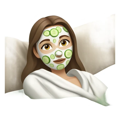 White girl with Brown hair and blue eyes wears a Green colored skincare clay textured mask and puts on cucumbers around her eyes while She relaxes in her white Robe sticker