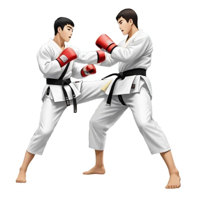 Two taekwondo fighters in traditional white doboks with black belts. One delivers a powerful kick, while the other defends by blocking with his knee. The background shows a professional arena with bright lights and an excited crowd. Transparent background highlights the intense action sticker