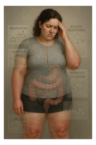 cinematic realistic in italiano Woman with PCOS struggling with hormonal chaos, transparent overlay showing elevated androgens and insulin resistance affecting her body, lipedema causing disproportionate fat accumulation in legs and arms despite normal torso, expression of frustration with unexplained weight gain, medical charts showing complex endocrine dysfunction, painful swollen limbs contrasting with metabolic confusion scrivi in italiano sticker