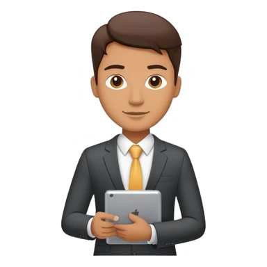 A flat-style illustration of a business executive confidently, holding a digital tablet or folder. The character wears smart business attire sticker