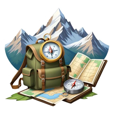 Icon for Expeditions: a compass, a map, and a backpack with trekking gear, placed on a rugged mountain terrain with snow-capped peaks. The icon should evoke the spirit of adventure and discovery in remote, unexplored places. Transparent background. sticker