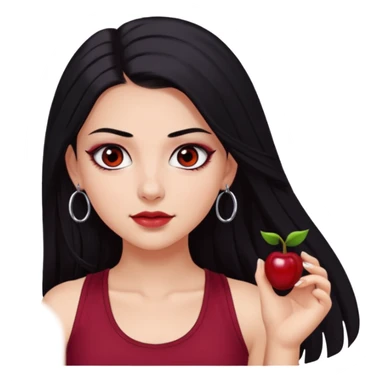 a pretty bratz fair girl with long black hair, kajal under eyes, small silver hoop. Dark cherry red tank top on. Black eyes sticker