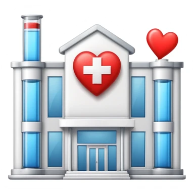 Modern clinic building red cross test tubes heart icon sticker