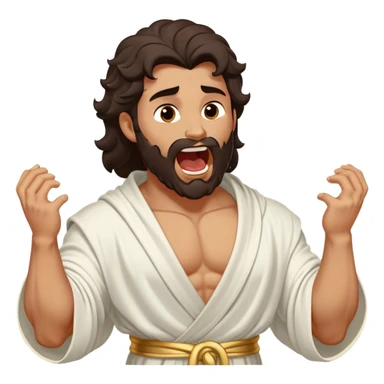 Cinematic Realistic Hercules Portrait, head tilted slightly with a dramatic, wide-open yawn, revealing a moment of relaxed, unguarded strength. His bronze, sculptural skin and thick, wavy dark hair retain their classical beauty even in repose. Draped in a gracefully flowing white robe with subtle golden details, the portrait is bathed in soft natural lighting, capturing a tender glimpse of vulnerability from a timeless Greek hero. sticker