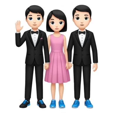 generate a pretty bratz fair skinned boy with short black hair wearing a black tux with blue sneakers .with a girl in a pink dress sticker