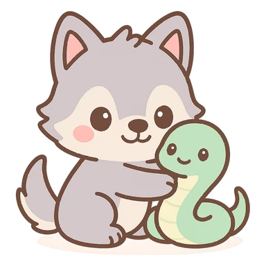 kawaii wolf hugging a kawaii snake, cute, pastel colors, big eyes, soft outlines sticker