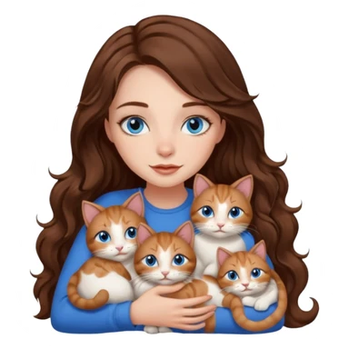 girl with long wavy brown hair, blue eyes, long lashes makeup, cuddling with 6 cats sticker