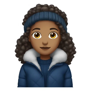 winter, christmas, hispanic, afro hair,  girl, brown eyes, child, full body, dark blue winter sweater, coat, headband sticker
