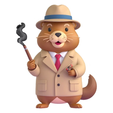 beaver gangster smoking a cigar, wearing a trench coat, tie, and hat, 3D emoji style sticker
