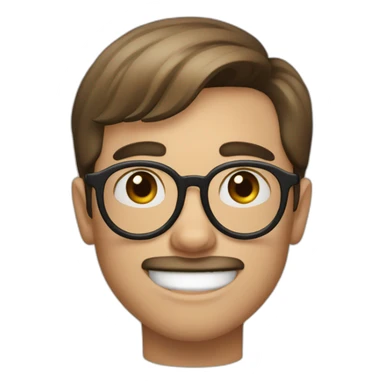 boy with big eyebrows, round glasses, bangs,big teeth, pale skin, brown hair, mustache sticker