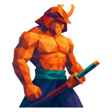 A muscular samurai with geometric shapes and vibrant colors sticker