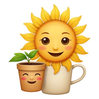 a cute happy sun with a coffee and plant  sticker