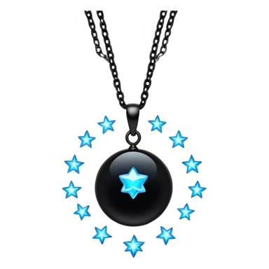 floating polished black onyx pendant, glowing with radiant blue energy, surrounded by tiny stars sticker