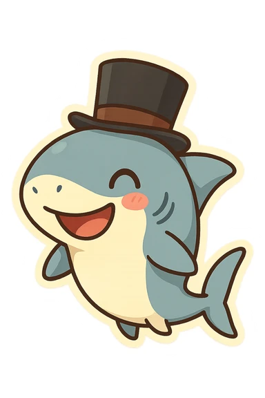 a playful shark with a fancy top hat, cartoon style, fun and expressive, cute character, friendly and approachable sticker