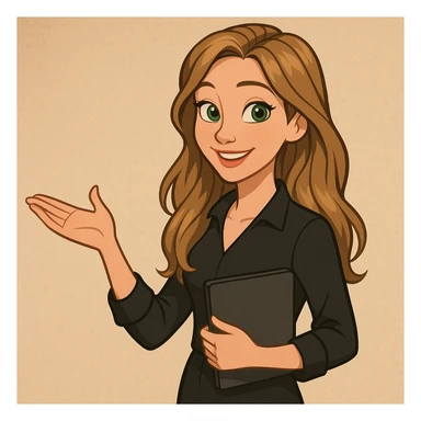 Cartoon Disney style smiling European woman, dark blonde beachy long hair, green eyes, black long-sleeved blouse, business attire, no glasses or chain, teaching pose, software developer sticker
