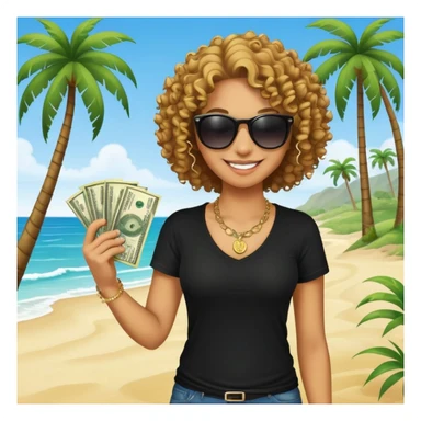 Smiling person with curly hair wearing black t-shirt and necklace, sunglasses, showing dollar bills, beach with palm trees sticker